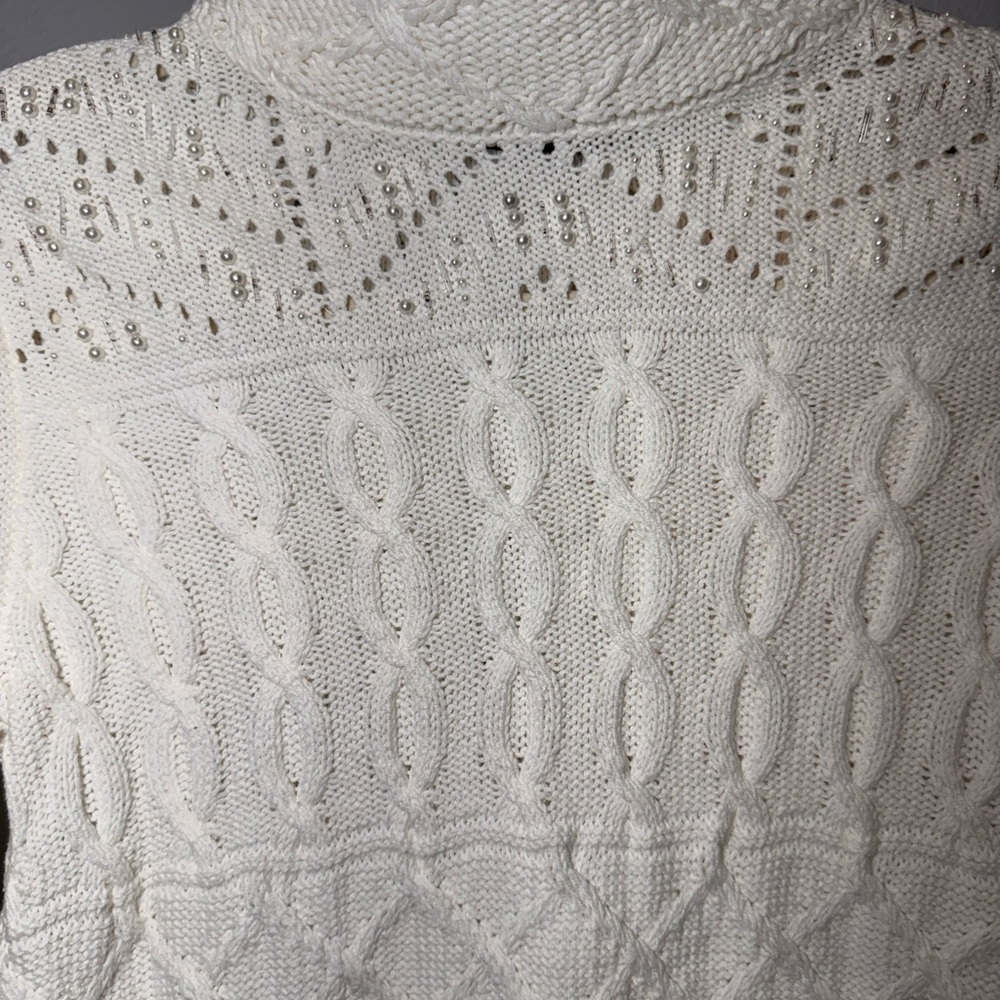 WHBM Cable Knit Sweater Mock Neck Embellished Fringe bell sleeve Ivory Small - Picture 3 of 10